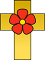 Cruz dourada com rosa rúbra