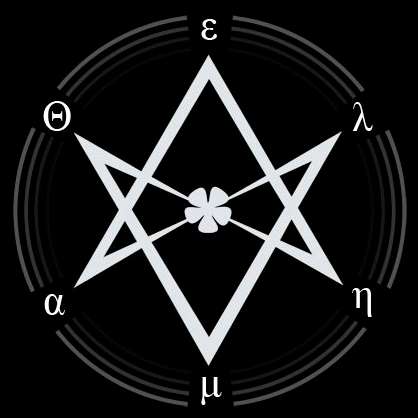 Hexagrama universal com a palavra grega Thelema ao redor