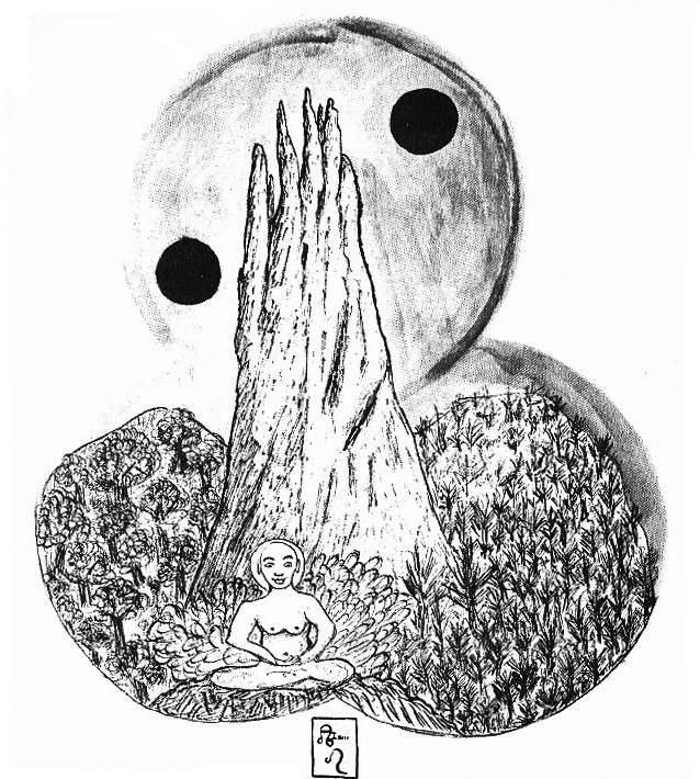 Desenho de Crowley mostrando o Yin Yang atrás de um monte na forma de um Phallus, e um monge meditando no asana de lótus. As árvores do lado esquerdo da imagem são redondas, de copa, as do lado direito são pinheiros.