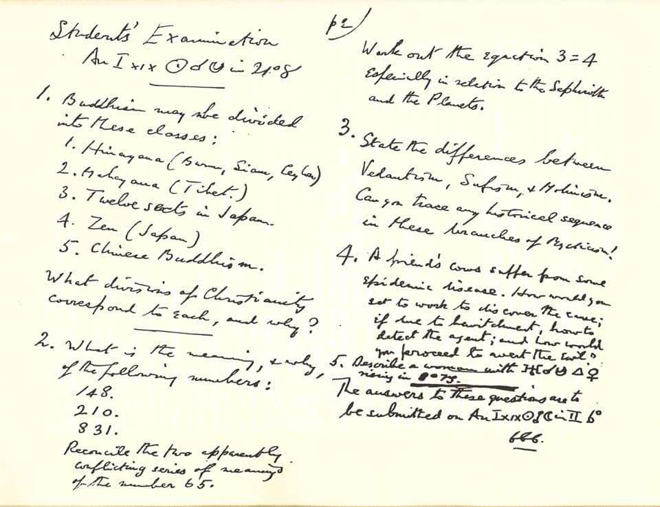 Texto original de um exame de estudante aplicado a Kenneth Grant em 1945